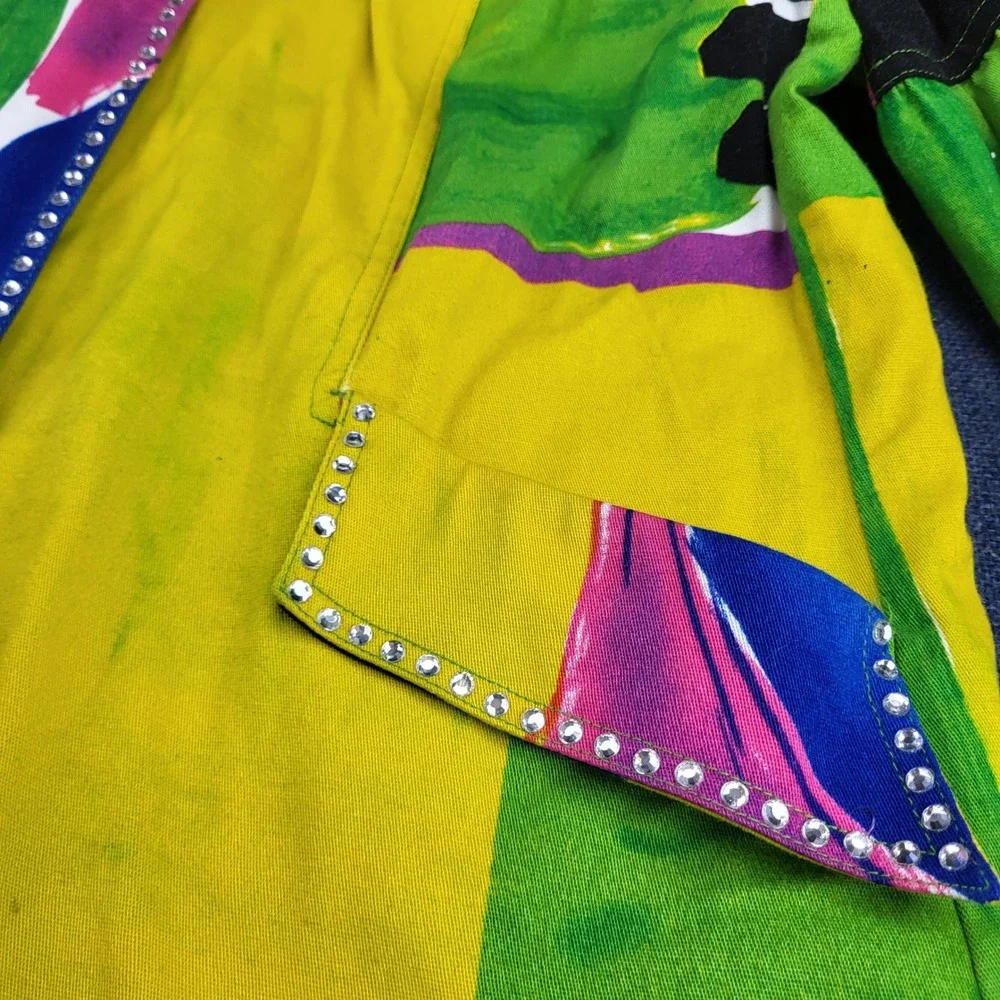 Berek Abstract Art Zip Up Jacket XL Yellow Green Rhinestone Bell Sleeve Cotton
